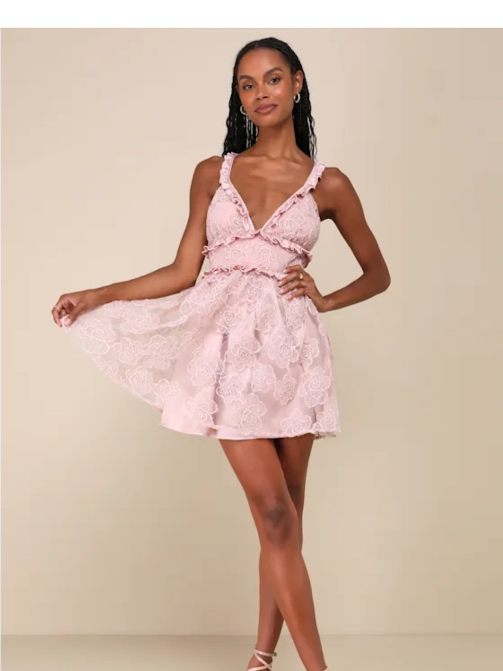 Lulu's Blush Pink Lace Ruffle V-Neck Mini Dress